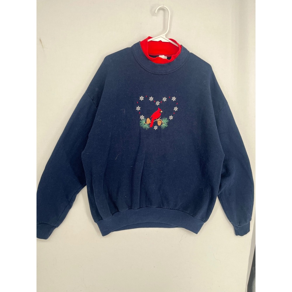 Chic Vintage Cardinal Embroidered Sweatshirt Navy Blue Red Double Collar XL